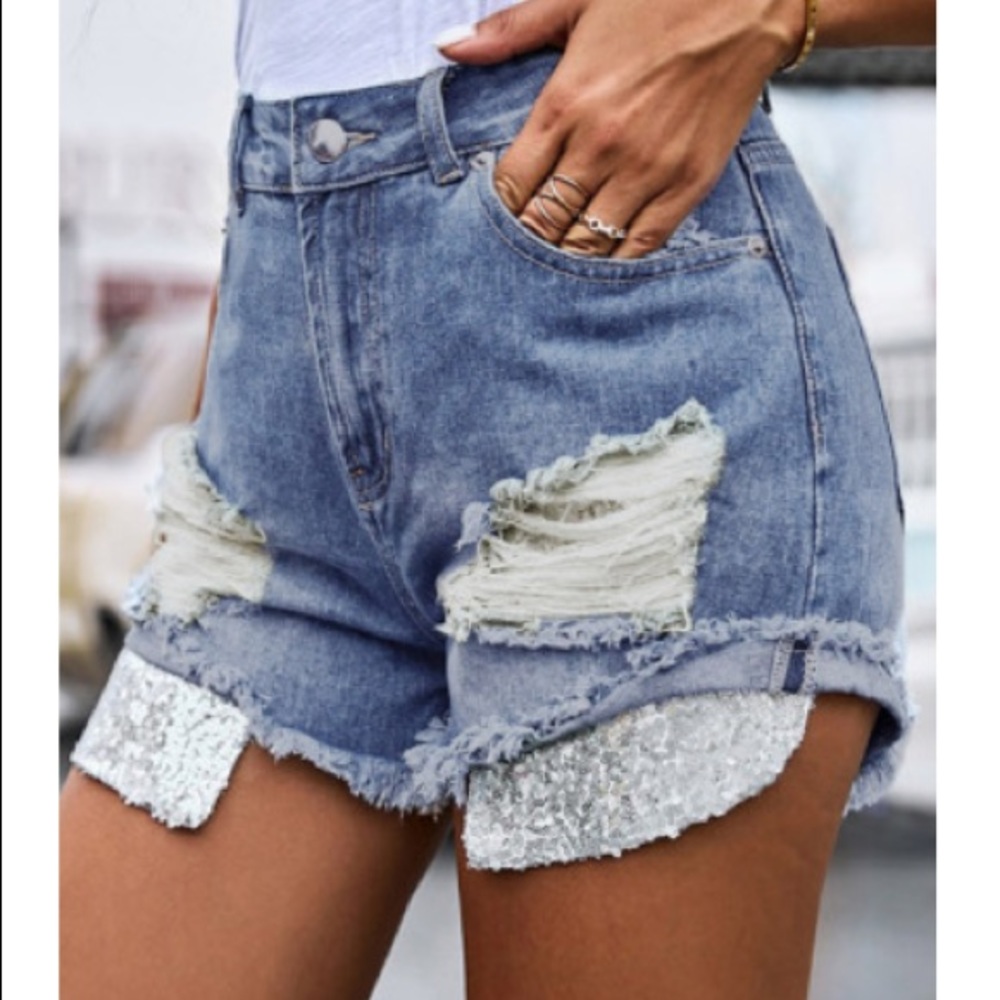 Silver Sequin Pocket Distressed Denim Shorts - Picture 2 of 5